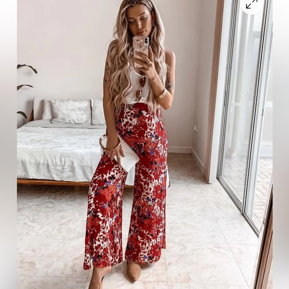 Intimately Free People sz S red floral wide leg pants - Picture 2 of 9
